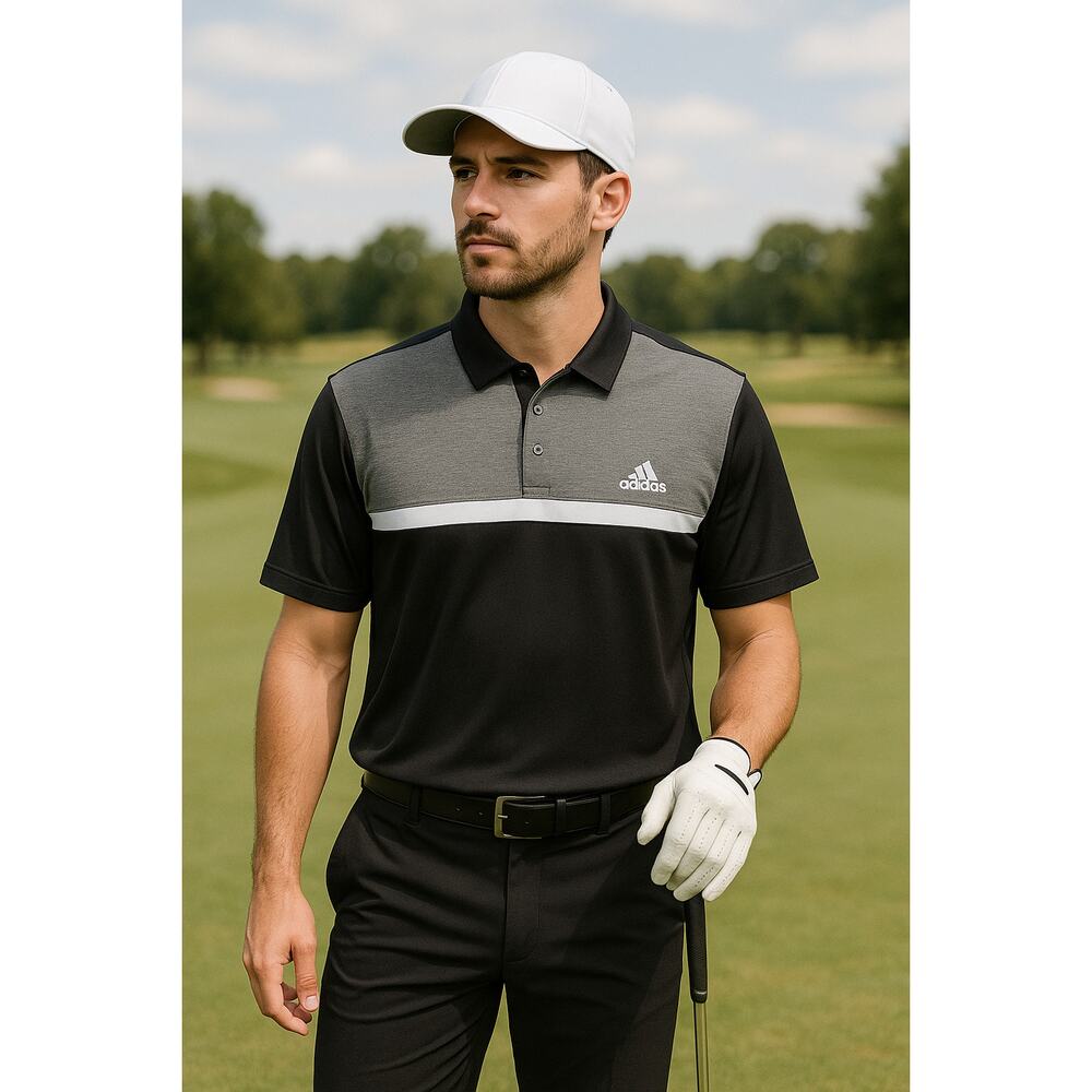 Adidas Men’s Golf Polo Shirt Medium Black Gray White Aeroready Athletic Collared